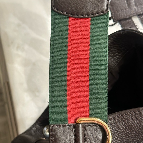 Authentic Gucci Dark Brown Leather Web Shoulder Bag - Picture 15 of 16